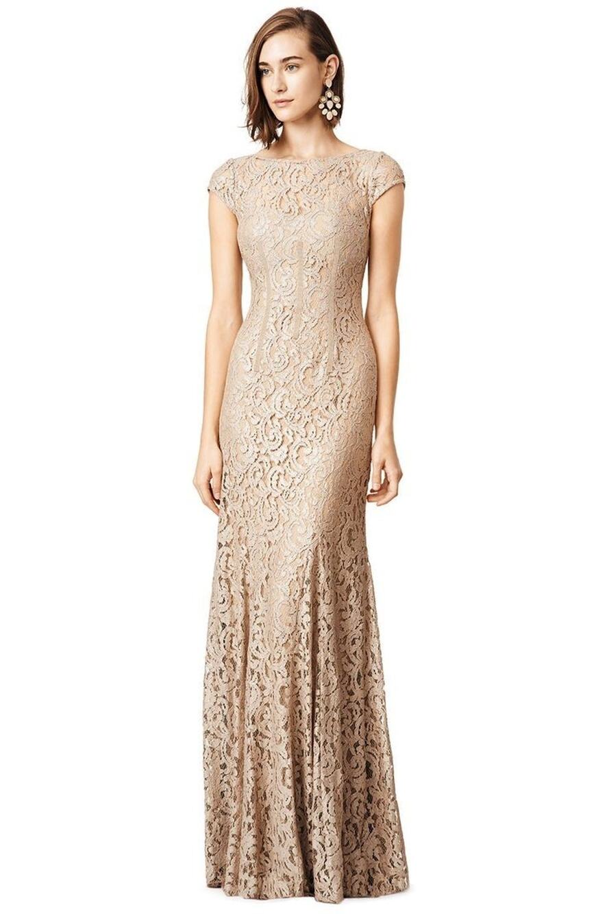 Monique Lhuillier Filigree Lace Formal Gown in Tan Champagne US 6